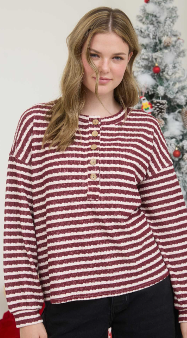 Striped Long Sleeve white and Burgundy with button front