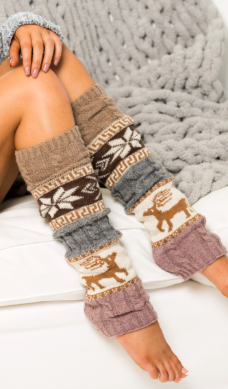 Taupe, Mauve, grey, and brown leg warmers for boots and keeping warm