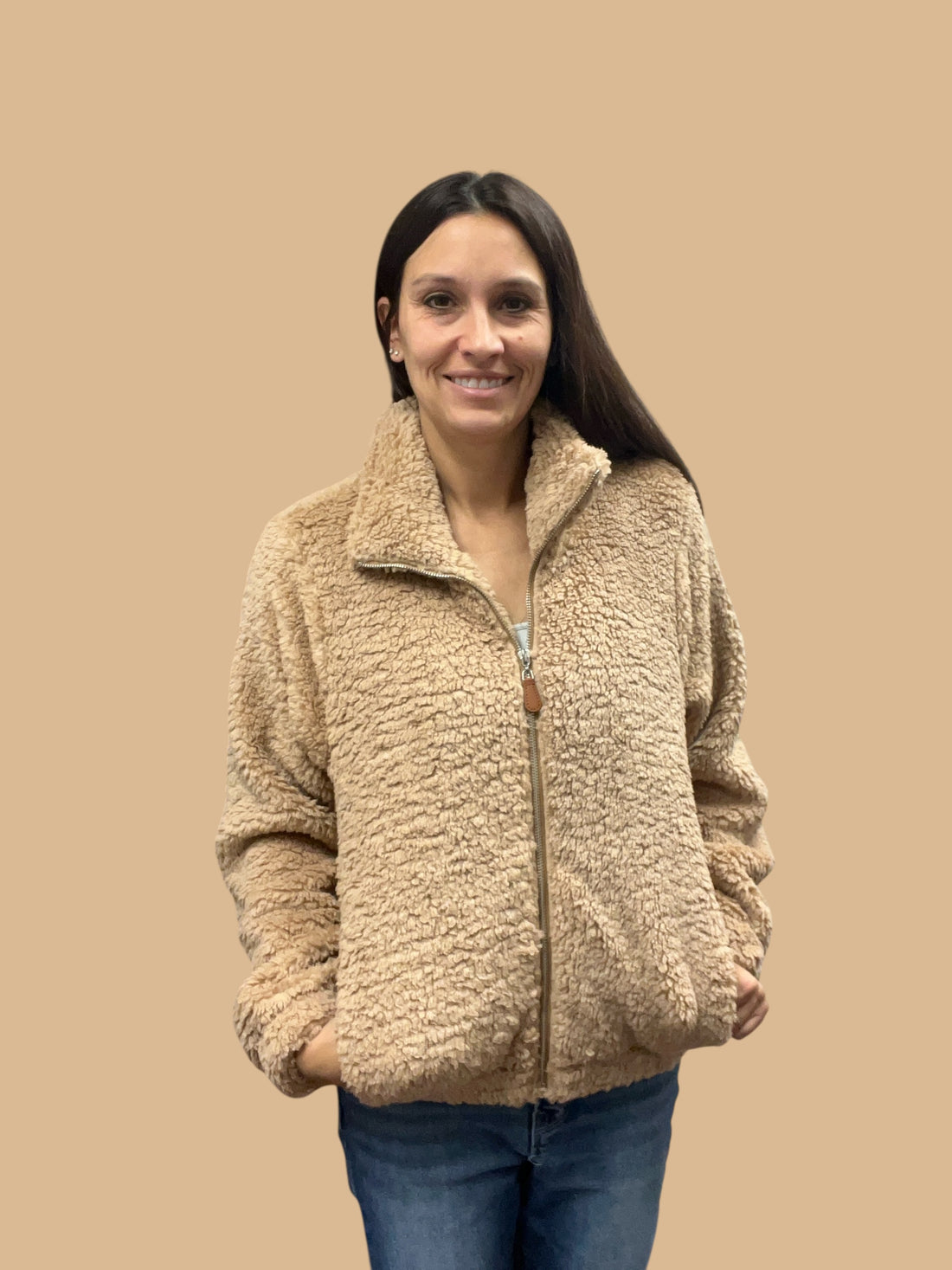 Cozy soft zip up teddy brown jacket 