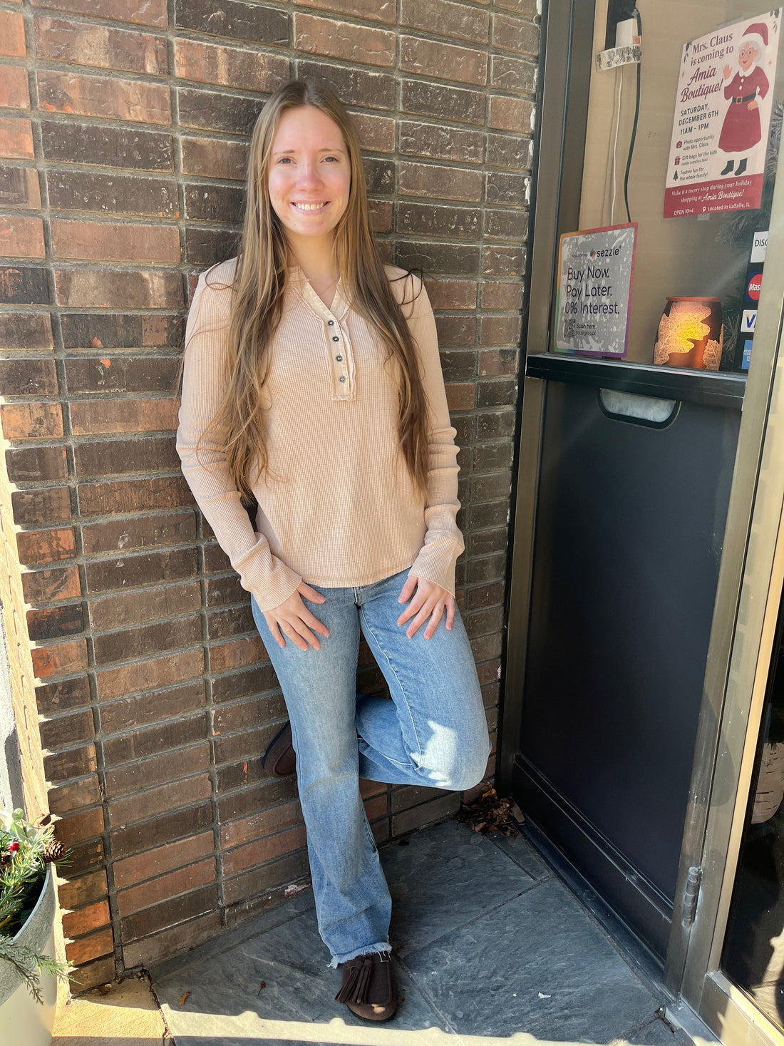 Thermal half button long sleeve in a tan color 