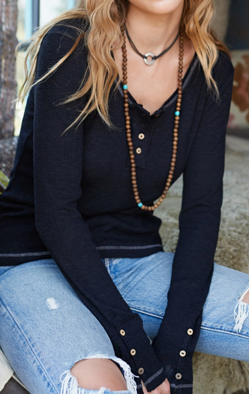Soft Ribbed Henley Long Sleeve Top in Black