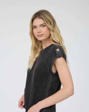Acid Wash Tab Sleeve Knit Top