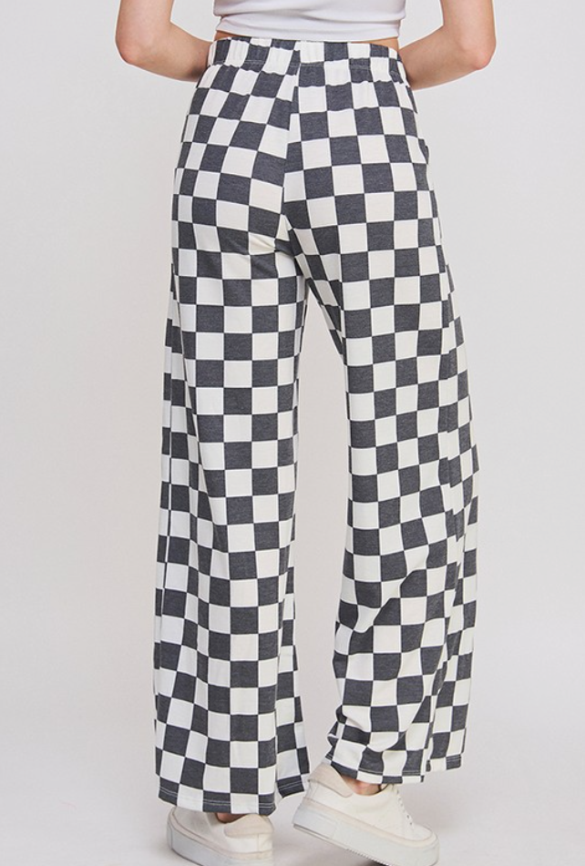 High Waist Checkered Straight Leg Knit Pants