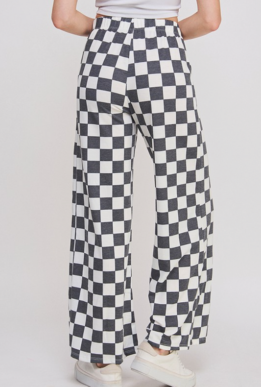 High Waist Checkered Straight Leg Knit Pants