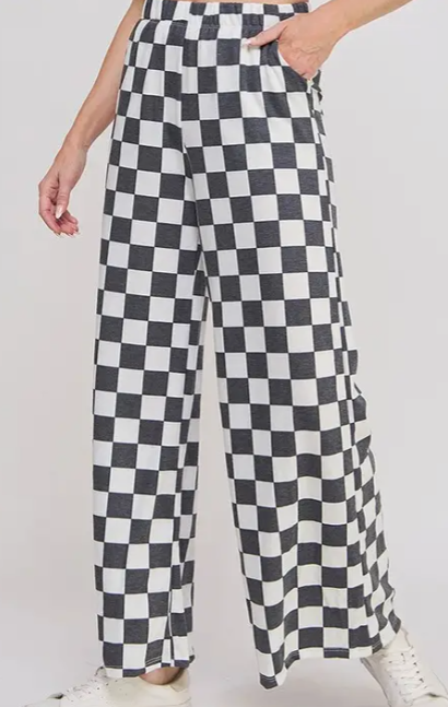 High Waist Checkered Straight Leg Knit Pants