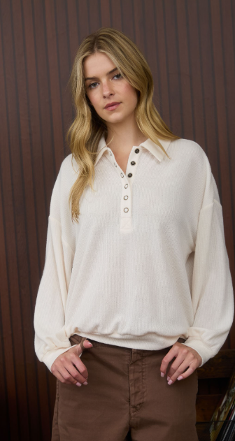 Collared half snap button long sleeve