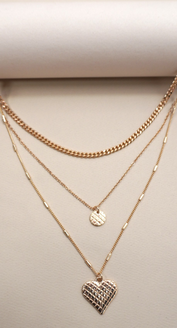 Checker Engraved Heart Charm Layered Necklace