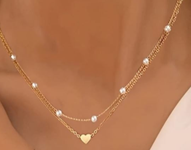 Hear and pearl layered gold plated necklace