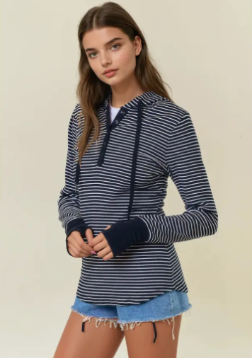 Soft Ribbed Henley Hoodie Top