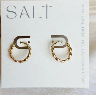Dainty 18K gold wavy hoop earrings with a textured design and secure clasp