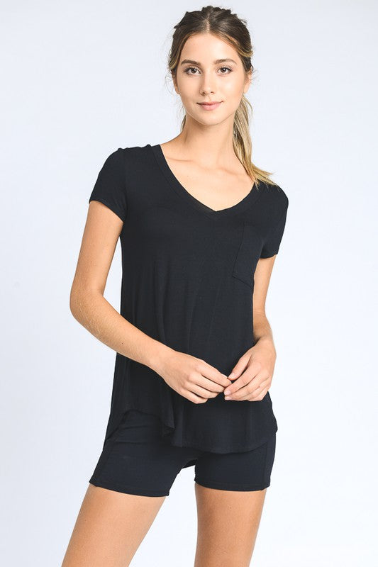 Mono B Black Longline Deep V-Neck Pocket Shirt