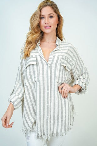 The Megan Oversized Grey and White Striped Woven Top