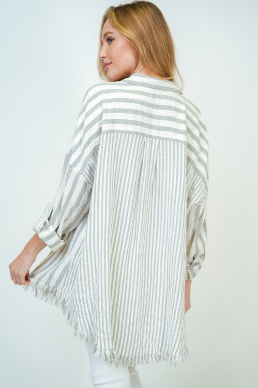 The Megan Oversized Grey and White Striped Woven Top