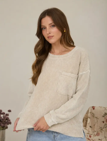 Khaki Washed Rib Knit Top