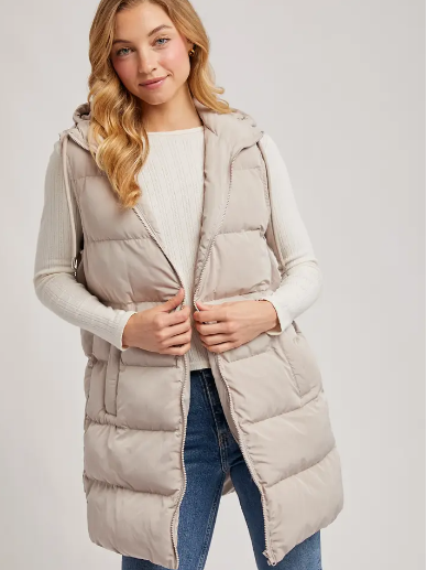 Women's long line hooded vest in beige