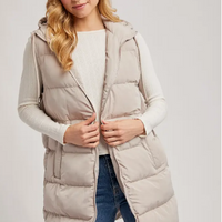 Women's long line hooded vest in beige