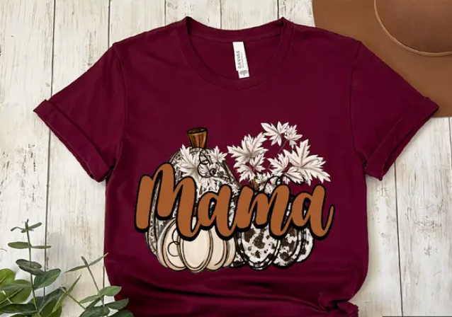 Mama thanksgiving t-shirt maroon with pumpkins and leaves