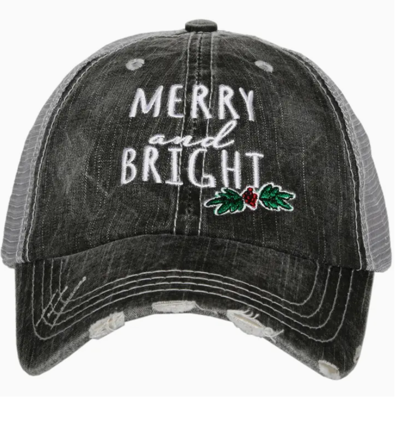 merry and bright trucker hat embroidered