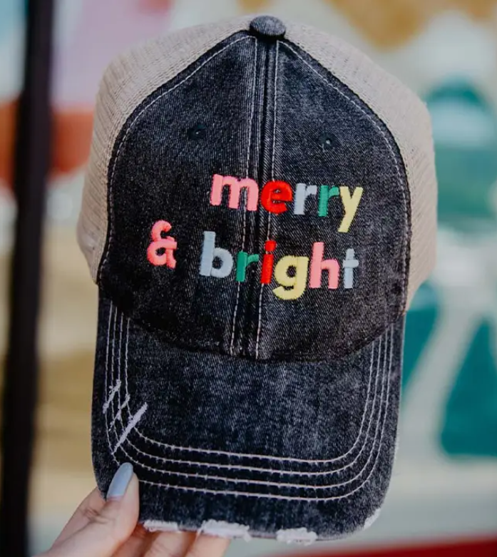 Merry and Bright multicolored trucker had embroidered