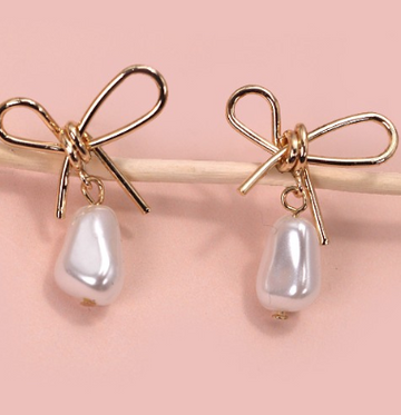 Pearl Bow drop earrings gold plated