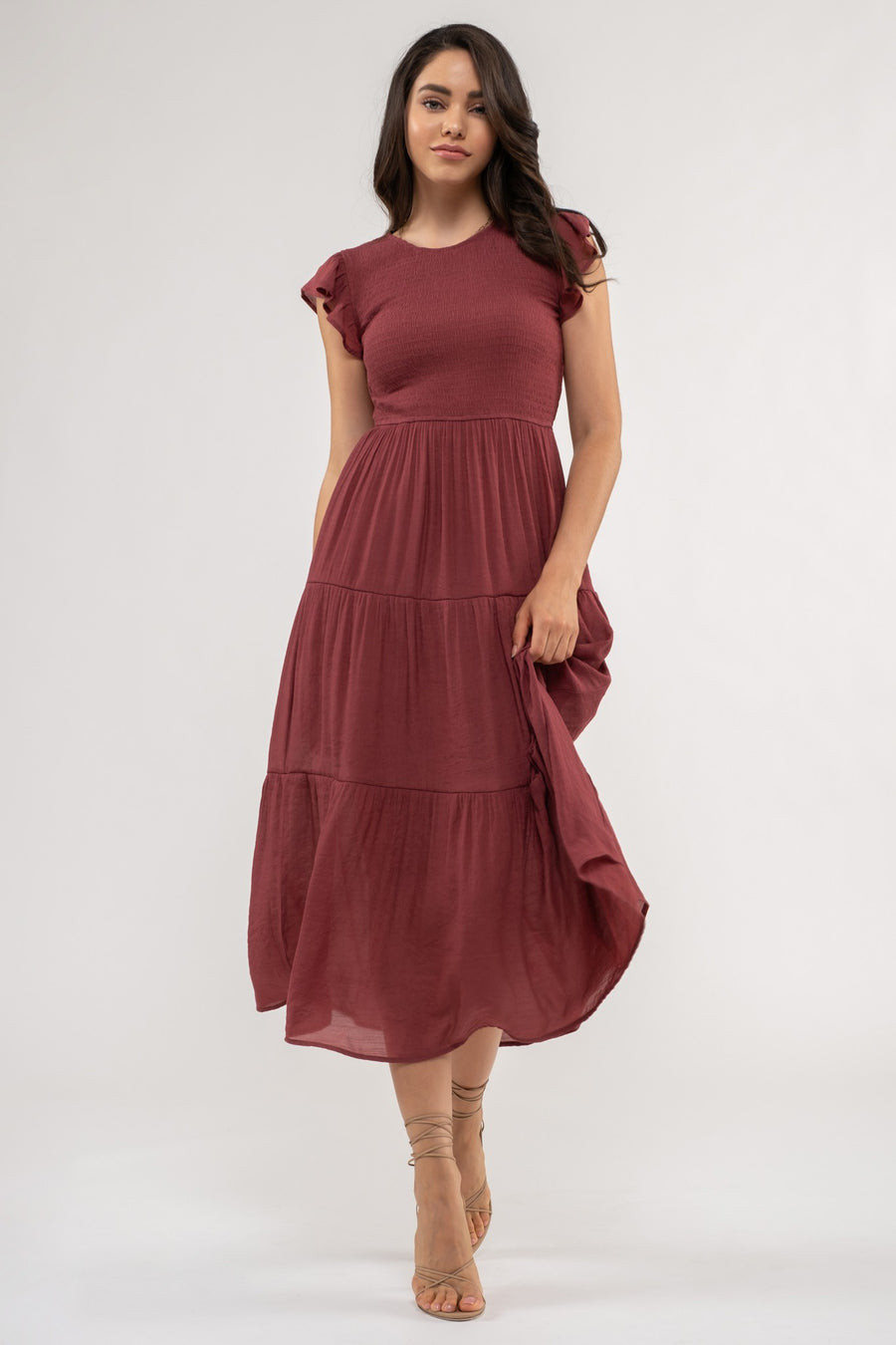 The Rachel Smocked Tiered Midi Dress Raspberry
