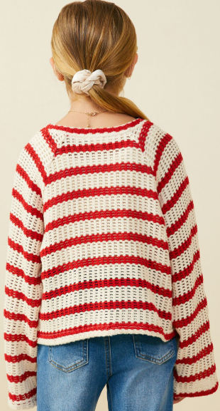 Girls Open Knit Striped Loose Knit Top