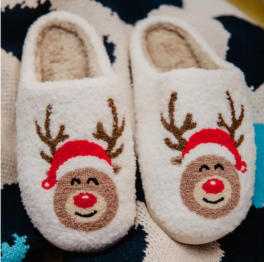 Reindeer Holiday Christmas house slippers warm and cozy. 