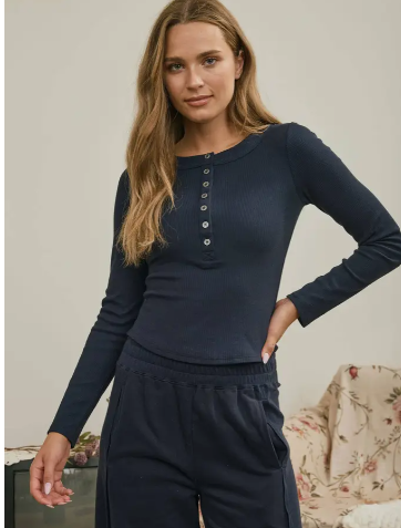 Navy Ribbed Henley Top