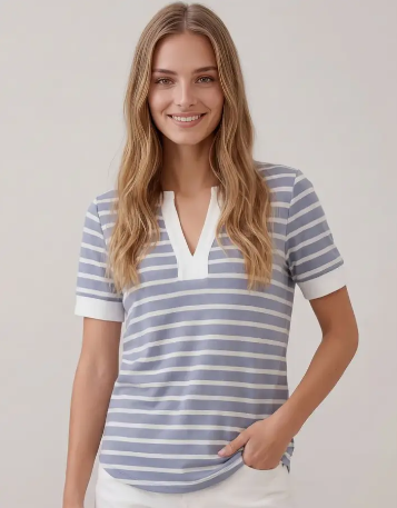 Classic V-Neck Top in Steel Blue and white