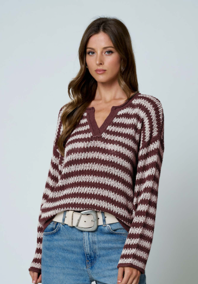 Split Neck Sheer Knit Sweater