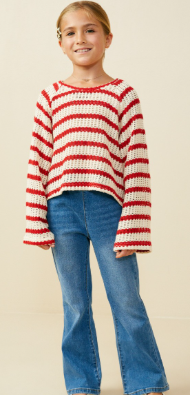 Girls Open Knit Striped Loose Knit Top