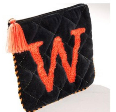 Embroidered Initial Velvet Pouch