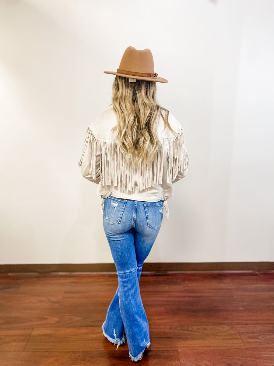 Risen High Rise Medium Distressed Flare Jeans