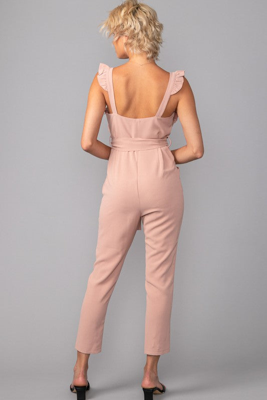 The Bevi Blush Ruffled Ribbon Jumpsuit