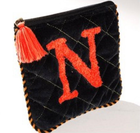 Embroidered Initial Velvet Pouch