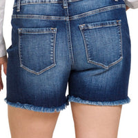 Plus Mid Rise Dark Raw Frayed Hem Denim Shorts