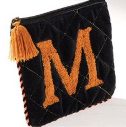 Embroidered Initial Velvet Pouch