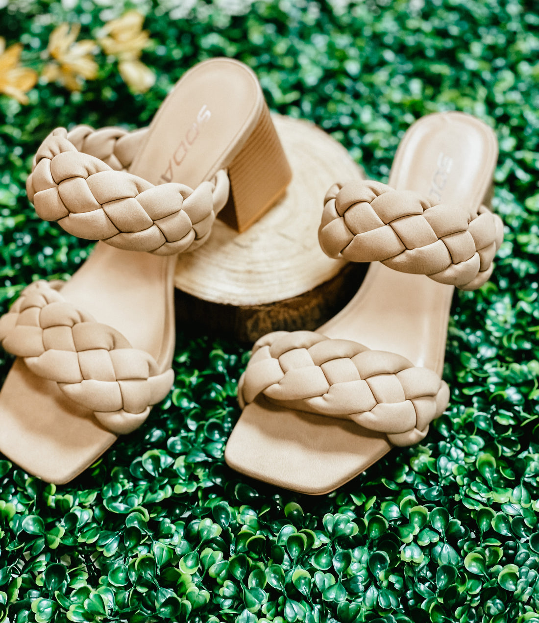The Dreya Taupe Braided Strap Square Toe Heel