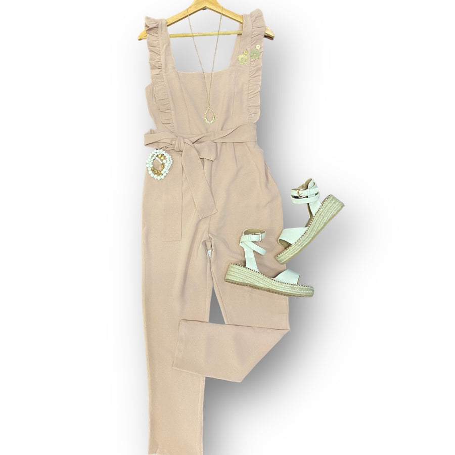The Bevi Blush Ruffled Ribbon Jumpsuit