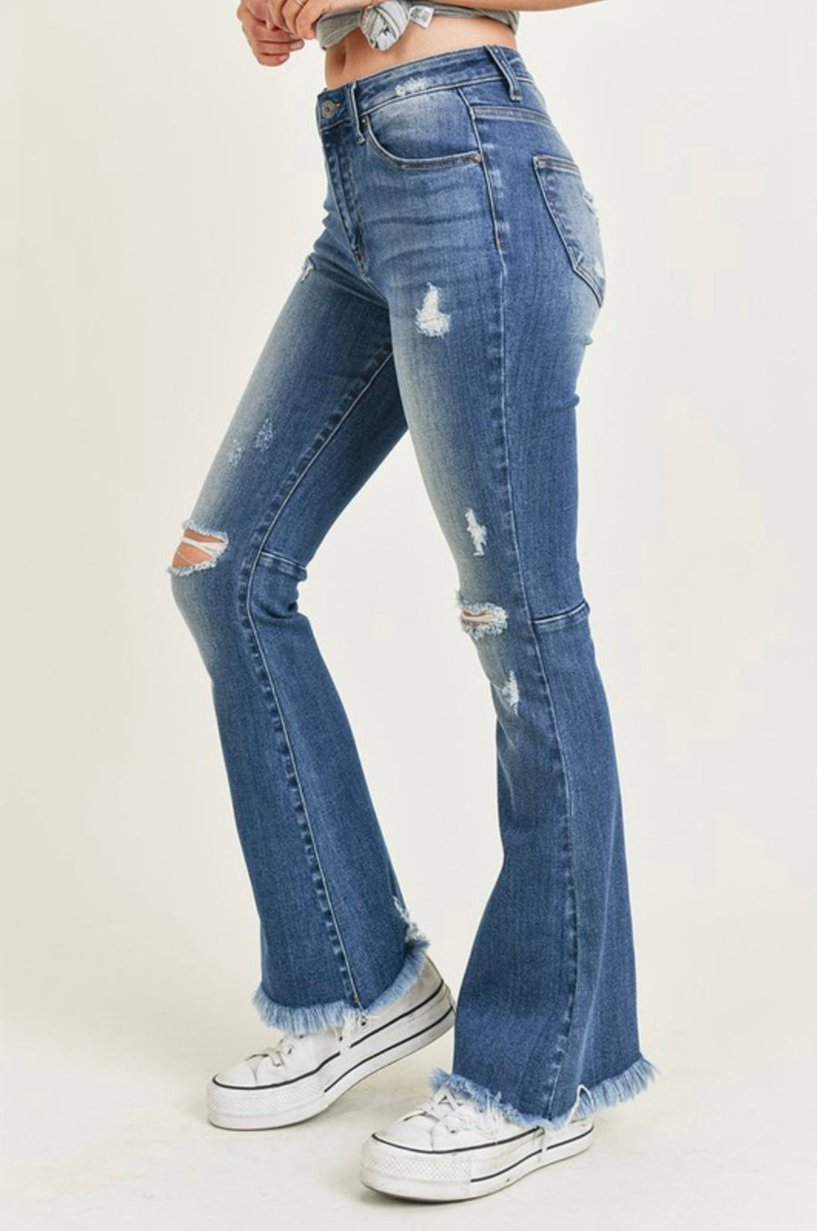 Risen High Rise Medium Distressed Flare Jeans