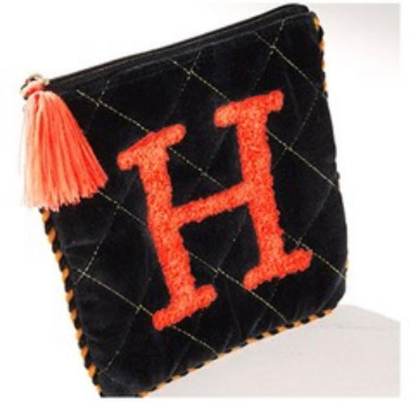 Embroidered Initial Velvet Pouch