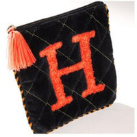 Embroidered Initial Velvet Pouch