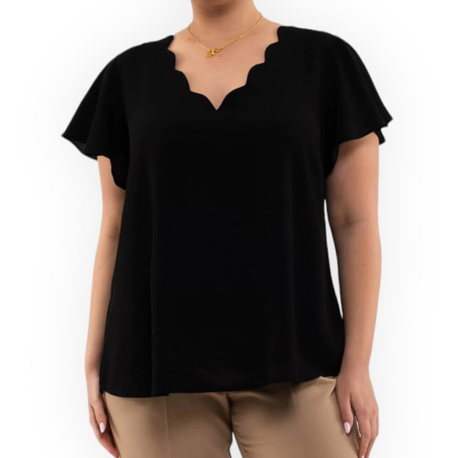 Plus Venus Scalloped V Neck Woven Top