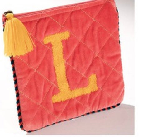 Embroidered Initial Velvet Pouch