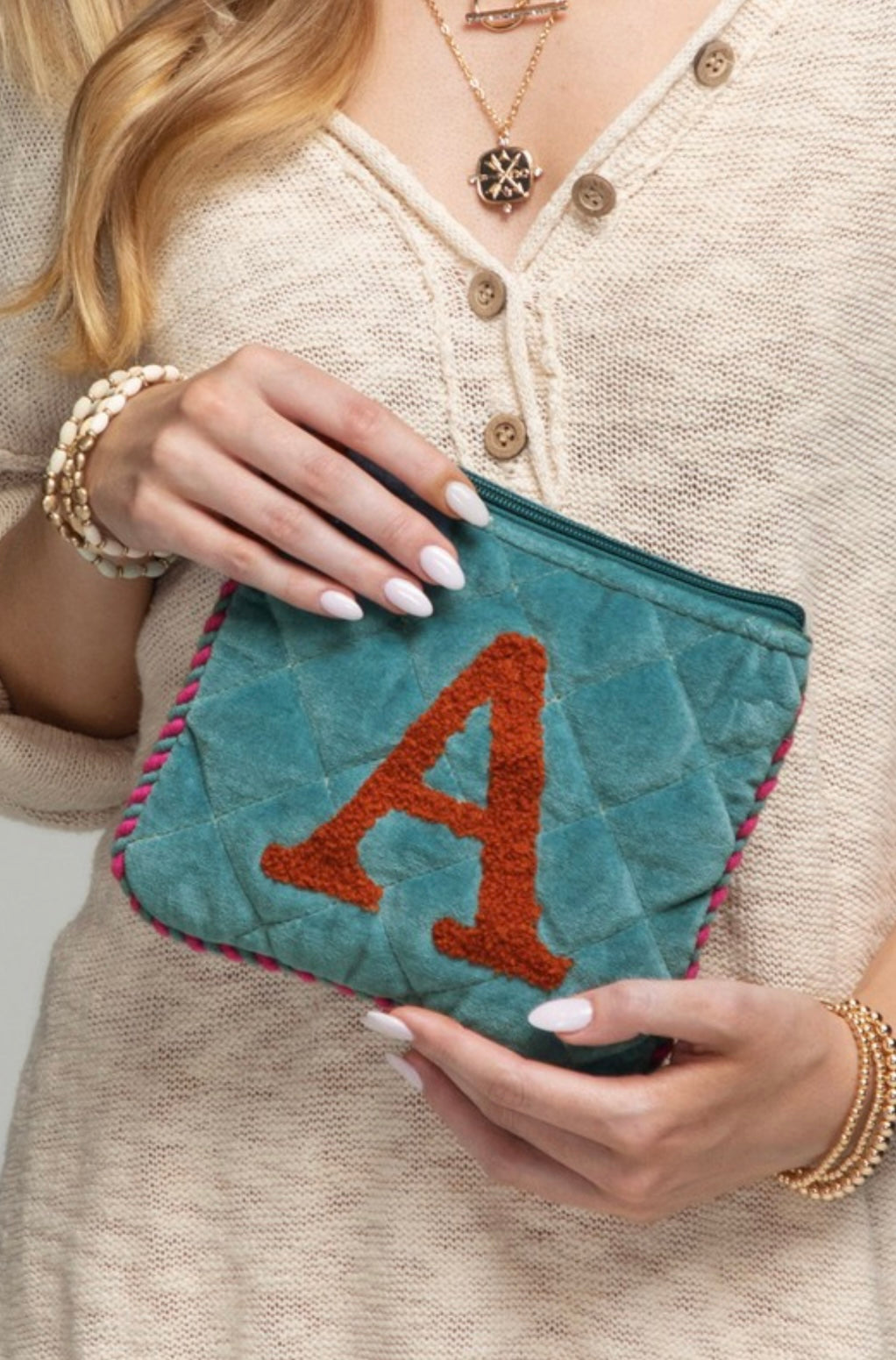 Embroidered Initial Velvet Pouch