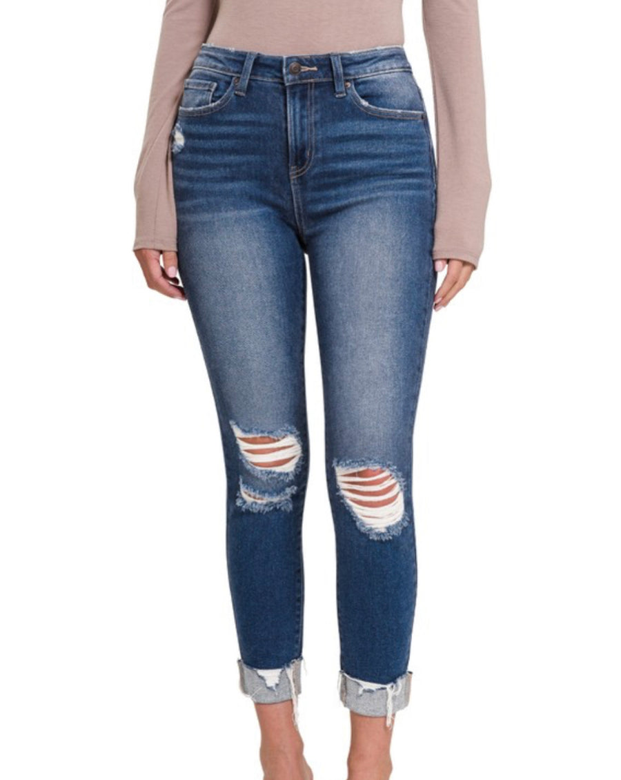The Katie Zenana MID RISE DISTRESSED CUFFED HEM SKINNY DENIM