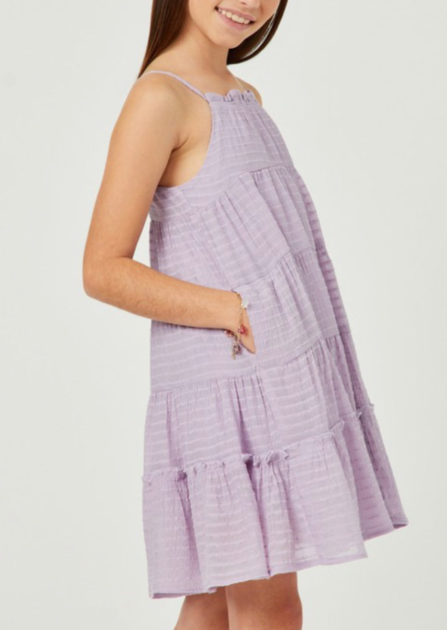 Kids The Tori Lavender Girls Texture Stripe Tiered Halter Mini Dress
