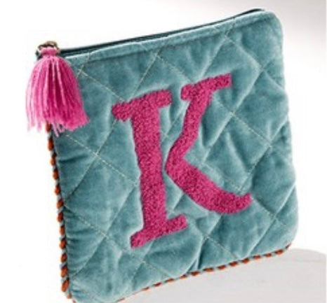 Embroidered Initial Velvet Pouch