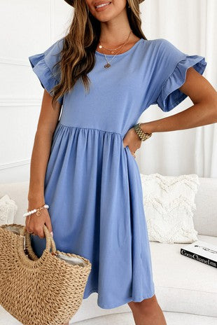 Sky Blue Ruffle Soft Knit Shirring Dress