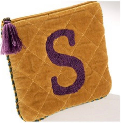 Embroidered Initial Velvet Pouch